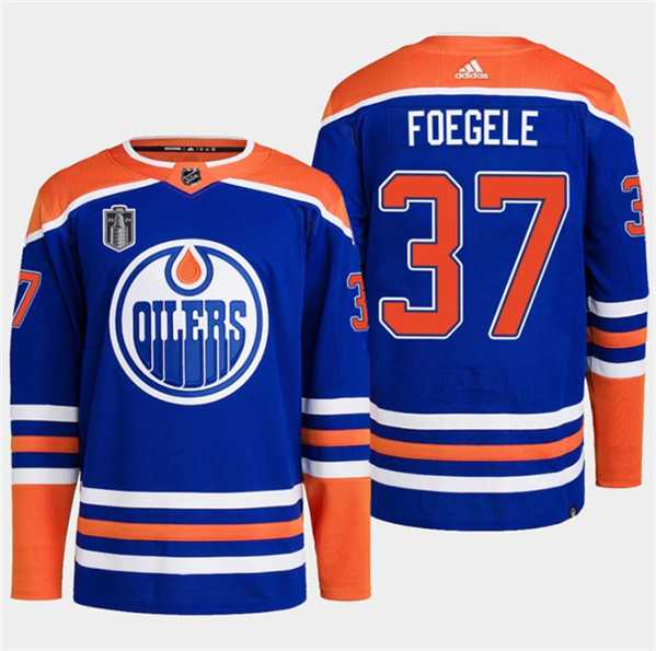 Men%27s Edmonton Oilers #37 Warren Foegele Royal 2024 Stanley Cup Final Patch Stitched Jersey Dzhi